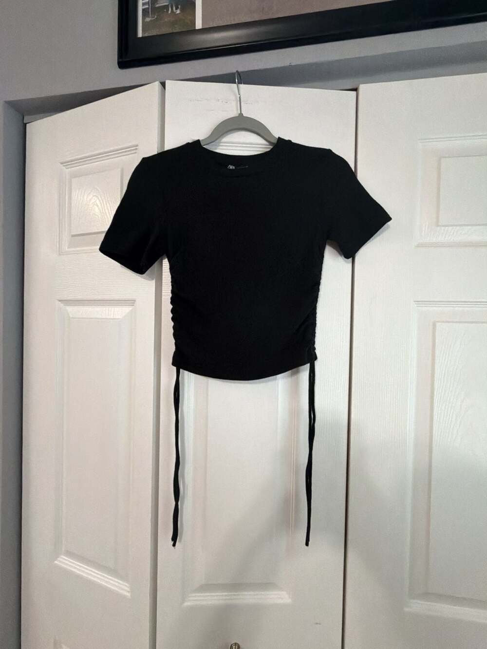 Zara Black Ribbed Short Sleeve Crew Neck Ruched Side Drawstring Top